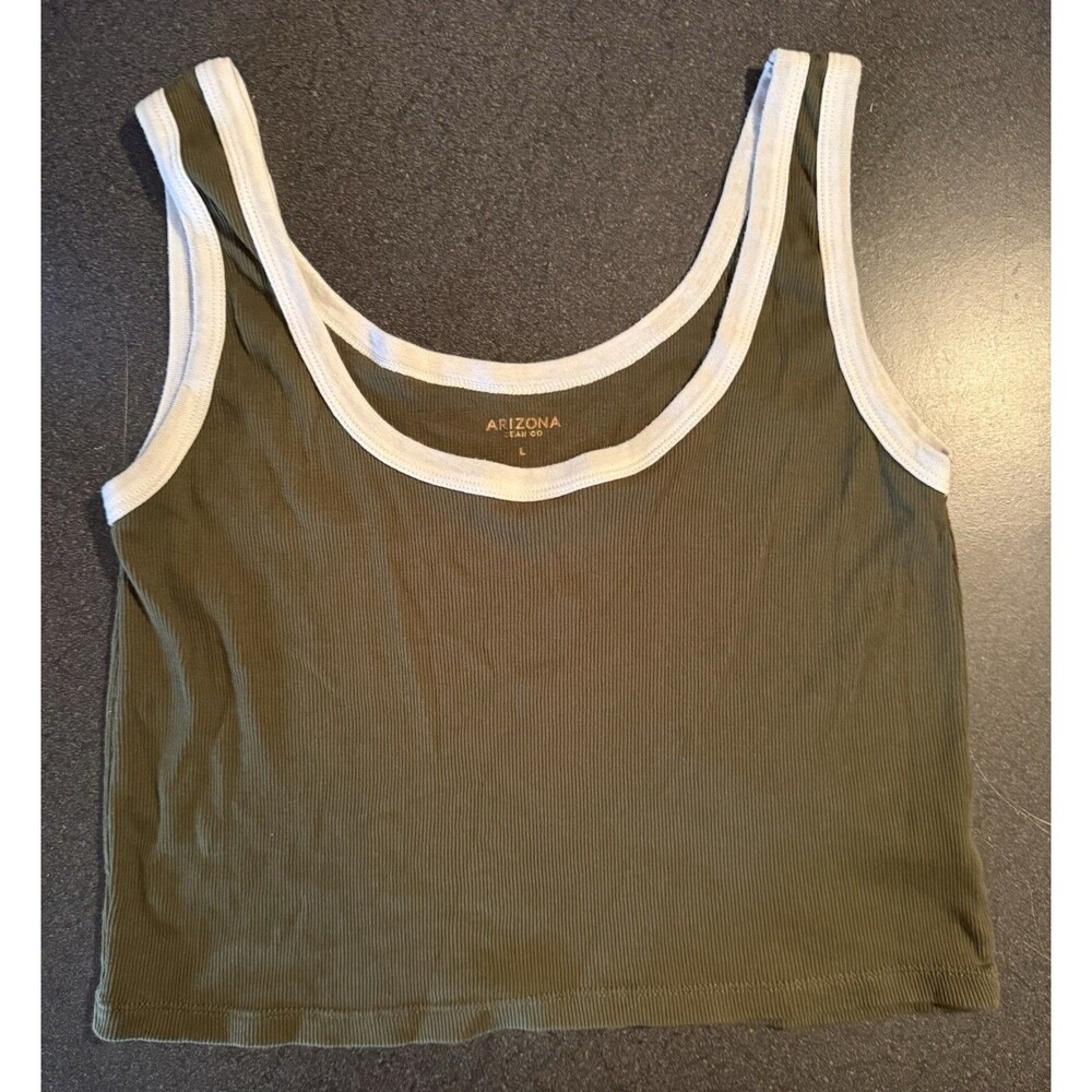 Women’s Crop Tank Top Size Large Ribbed Military Green With White Trim Y2K